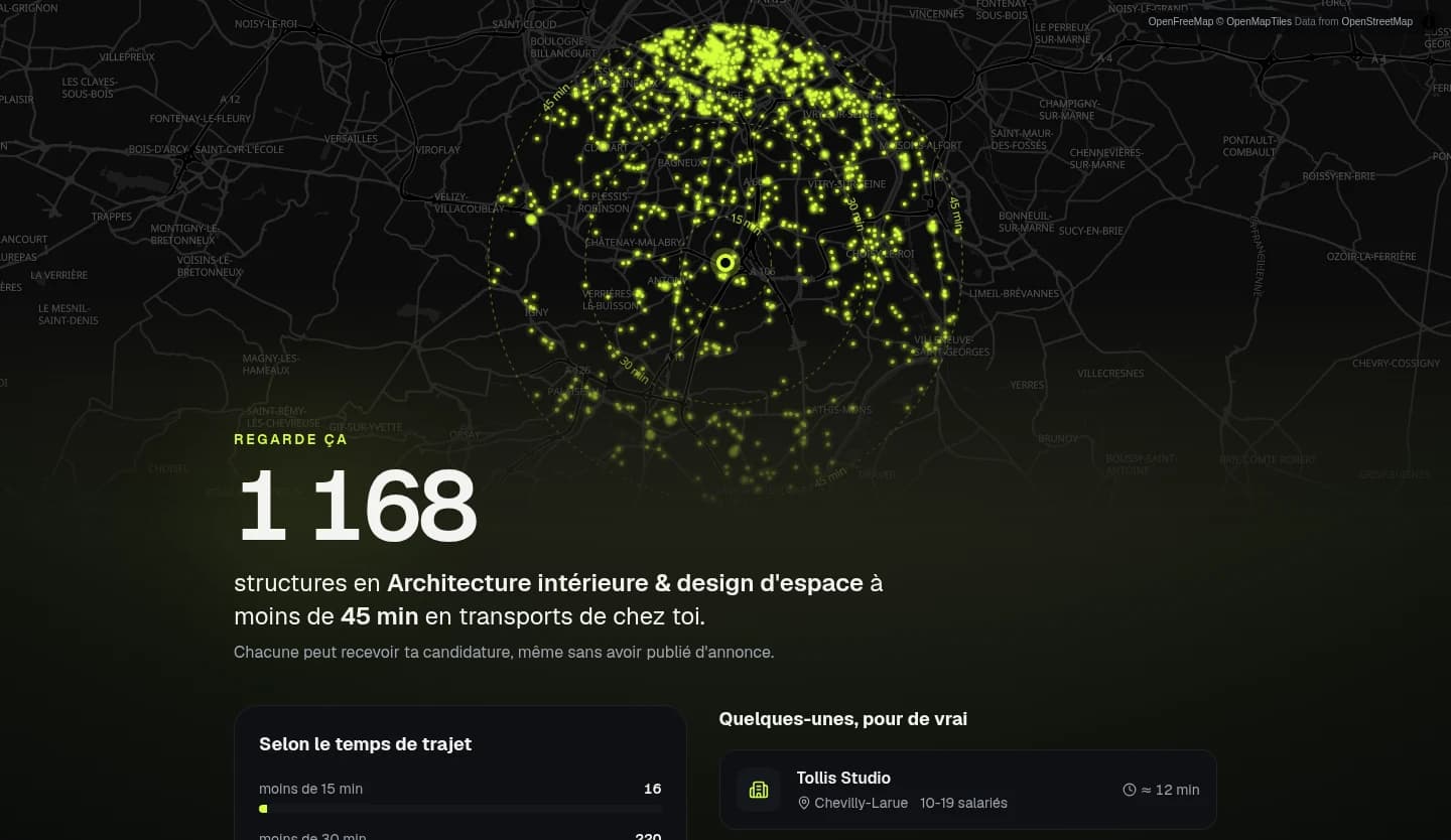 Le radar d'Alterno : 1 168 structures en architecture intérieure à moins de 45 minutes en transports, sur la carte de la ville